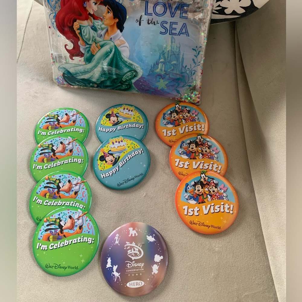 Lot of 10Walt Disney World Happy Birthday, 1st Visit Circular Pins / Buttons bag